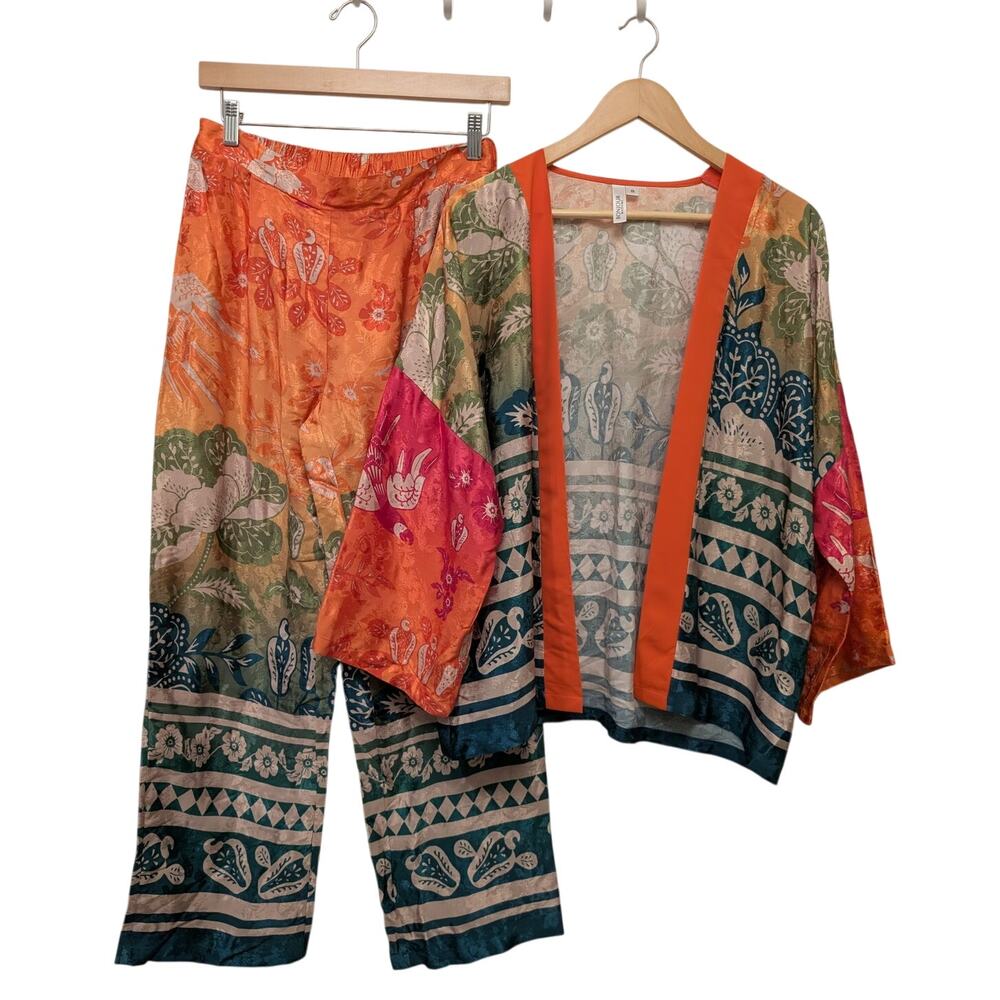 Bonjour Madame 2Pc 1508 Pajama Set Kimono‎ Top & Wide Leg Pants Jacquard Viscose